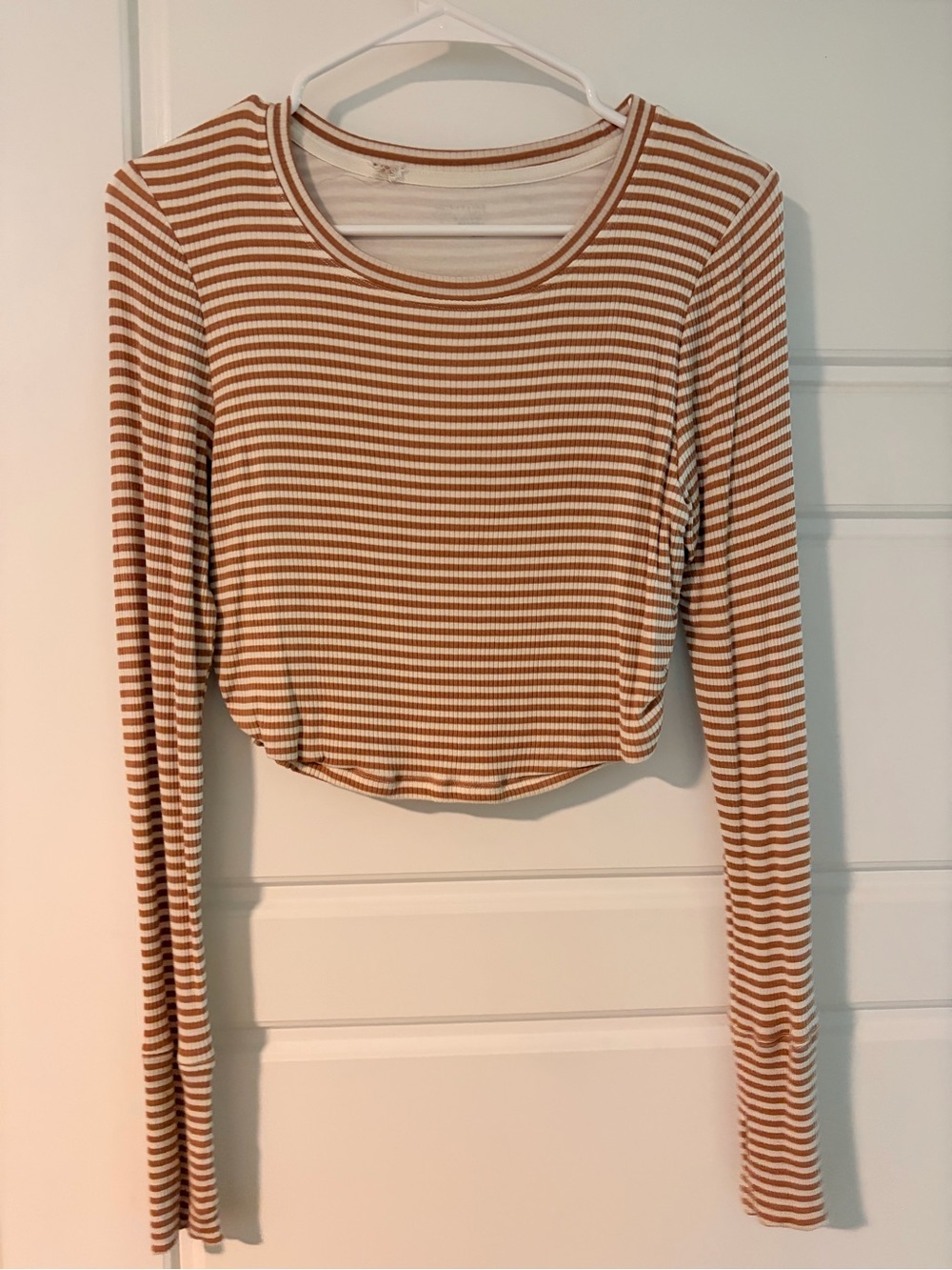 aerie Striped Long-Sleeve Crop Top in Cream and Tan